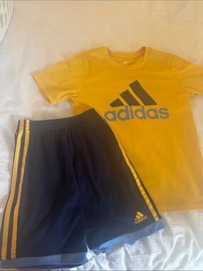 adidas Yellow Logo Tee with Navy Shorts Set